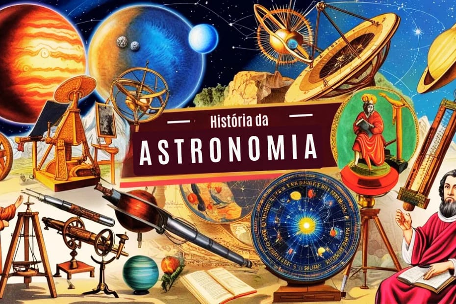 história da astronomia, com uma composição que inclui planetas do Sistema Solar, figuras de astrônomos icônicos como Galileu Galilei e Copérnico, além de satélites modernos em órbita. A imagem mostra a evolução do conhecimento astronômico, desde observações antigas até a exploração espacial contemporânea, simbolizando o progresso humano na compreensão do universo.