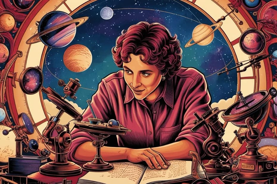 Figura feminina sentada em uma mesa repleta de livros de astronomia, telescópios, mapas celestes e equipamentos científicos, com uma expressão de concentração e curiosidade. Ao fundo, uma janela mostrando o céu estrelado, simbolizando a busca por respostas sobre o universo e a importância do estudo da astronomia