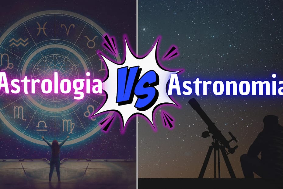à esquerda, o símbolo representando a astrologia; à direita, um céu estrelado com uma pessoa observando as estrelas através de um telescópio, ilustrando a diferença entre astronomia e astrologia.