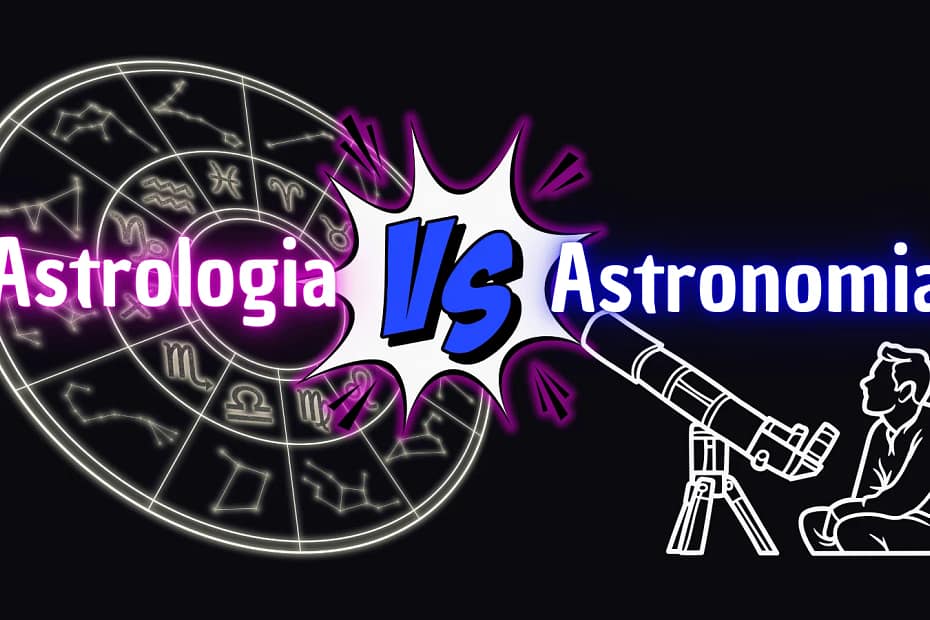 Imagem representando a diferença entre astronomia e astrologia: de um lado, o símbolo da astrologia, e do outro, uma pessoa observando o céu com um telescópio, rodeada por estrelas e corpos celestes, ilustrando a prática da astronomia