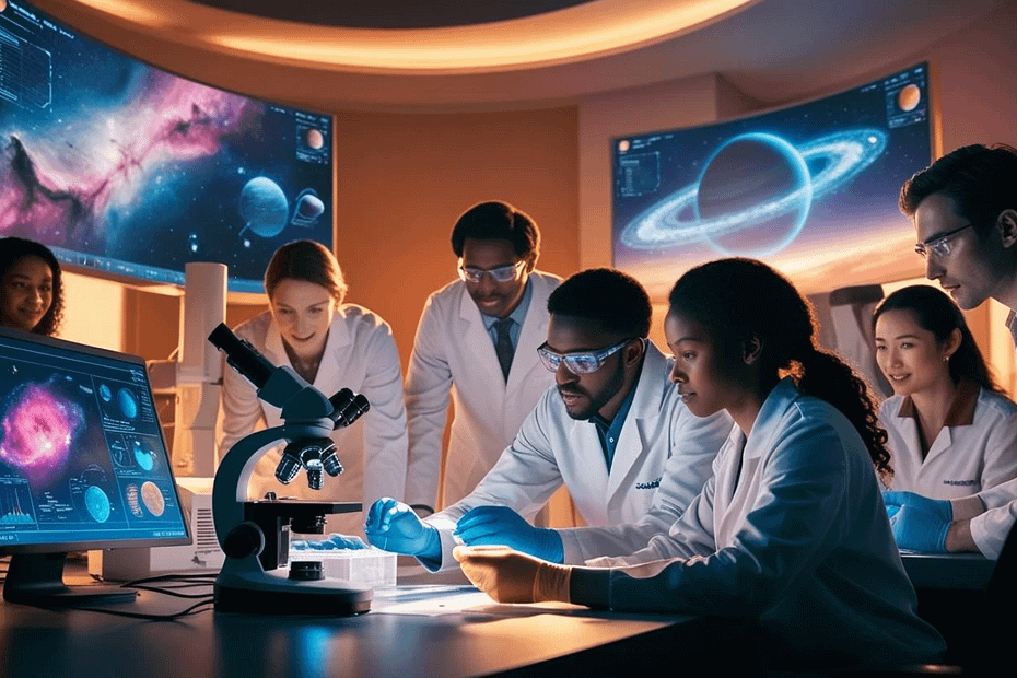 Representação artística de um grupo de cientistas em um laboratório de alta tecnologia, trabalhando em um projeto de astrobiologia. Ao fundo, monitores exibem dados e imagens de planetas, ilustrando a pesquisa sobre vida extraterrestre e condições habitáveis em outros mundos.