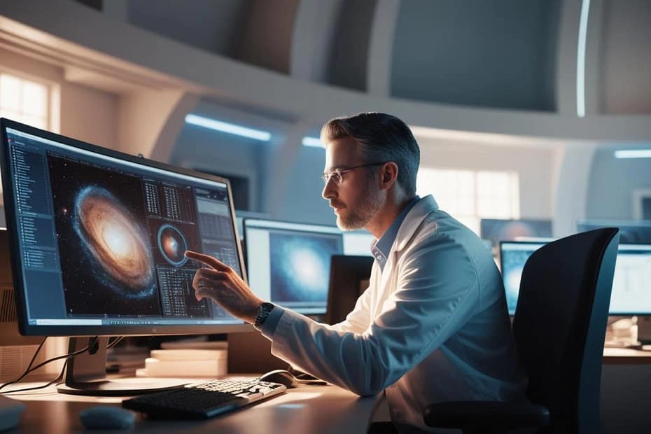 Homem maduro, de aproximadamente 40 anos e cabelos grisalhos, em um ambiente de alta tecnologia, tocando na tela do computador all-in-one enquanto estuda dados de galáxias, representando o contexto de 'faculdade de astronomia'