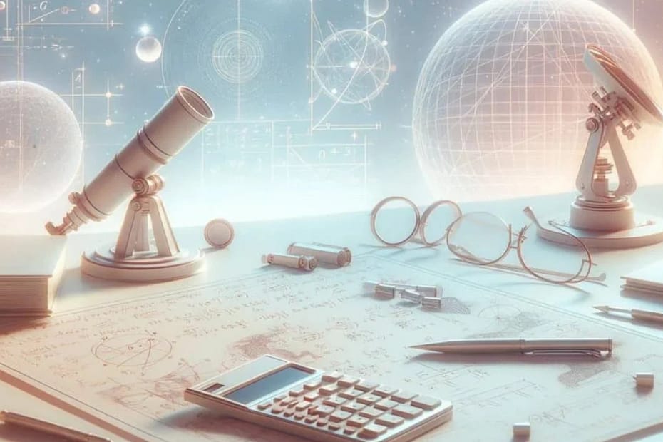 Ambiente clean e tecnológico com elementos vintage, incluindo um telescópio sobre a mesa, dados digitais na parede sobre cálculos de física e foguetes, e objetos como óculos, binóculos, caneta e calculadora espalhados pela mesa, refletindo o ambiente de um astrofísico.