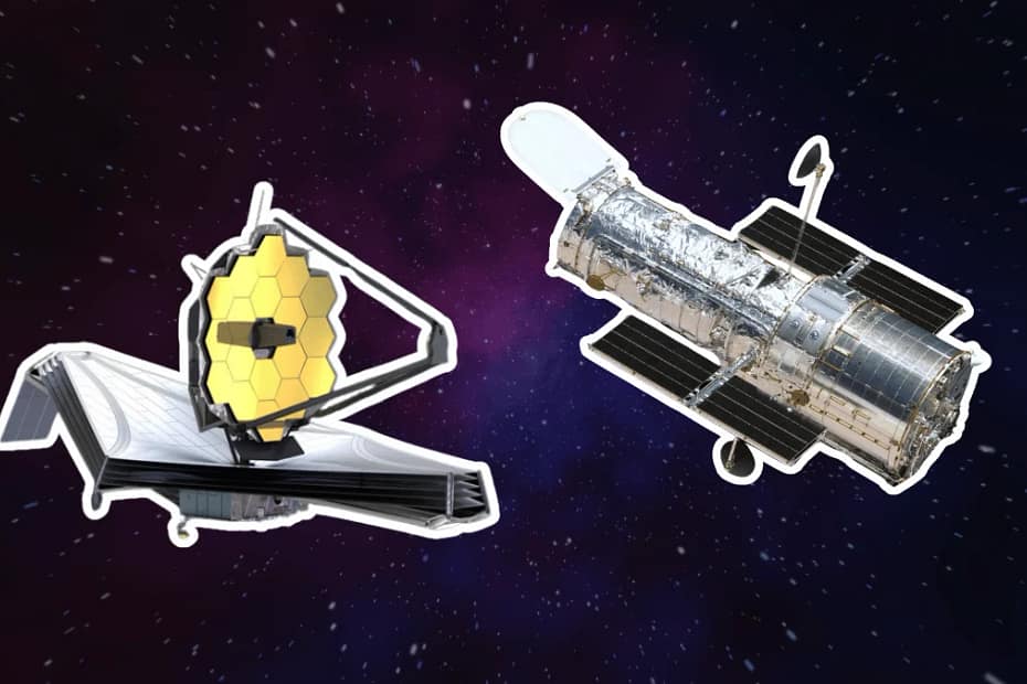Montagem comparativa de telescópios espaciais. À esquerda, o Telescópio Espacial James Webb, com seu grande espelho segmentado dourado e protetor solar em camadas. À direita, o Telescópio Espacial Hubble, com seu design cilíndrico prateado e painéis solares. A imagem destaca as diferenças entre esses dois observatórios icônicos que revolucionaram nossa compreensão do universo.