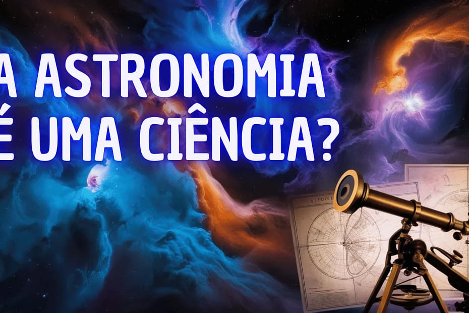 Montagem artística de uma galáxia lilás e um telescópio apontado para o céu estrelado, com a palavra 'Astronomia' em destaque no centro. Em torno da palavra, partículas cósmicas e estrelas brilham, enquanto a imagem da doutora, uma mulher com roupas científicas, observa através do telescópio. A cena representa a fusão entre a ciência e a exploração do universo, destacando a astronomia como um campo de estudo fundamenta