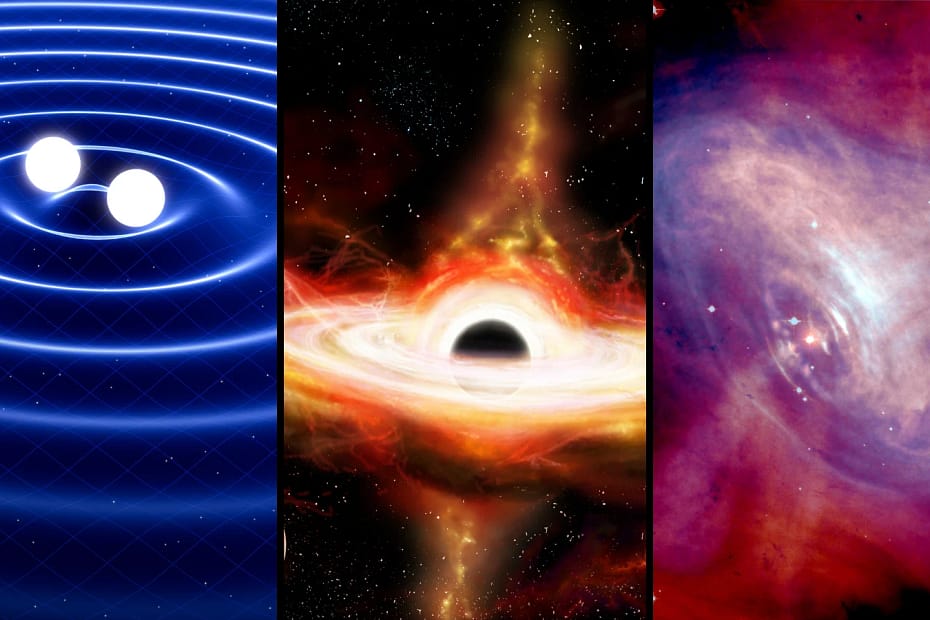 Representação de fenômenos cósmicos poderosos: explosões estelares, ondas gravitacionais e um buraco negro, eventos astronômicos que transformam o universo e alteram sua estrutura e dinâmica.