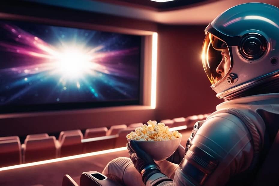 Um astronauta no de cinema vendo Os melhores filmes de astronomia, com o corpo voltado para a tela. Ele segura uma tigela de pipoca e está olhando fixamente para o filme, com o reflexo da tela visível no visor do capacete. O cenário ao fundo mostra uma tela grande de cinema, e a luz suave ilumina seu rosto. O ambiente tem um toque futurista, com o traje espacial do astronauta detalhado e moderno.