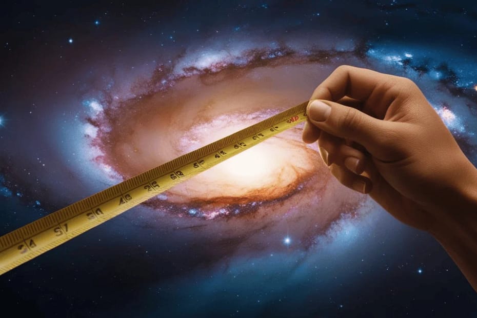 Ilustração de uma trena gigante medindo uma galáxia, explicando o conceito de parsec. O parsec é uma unidade de medida usada para calcular grandes distâncias no espaço, como entre estrelas e galáxias