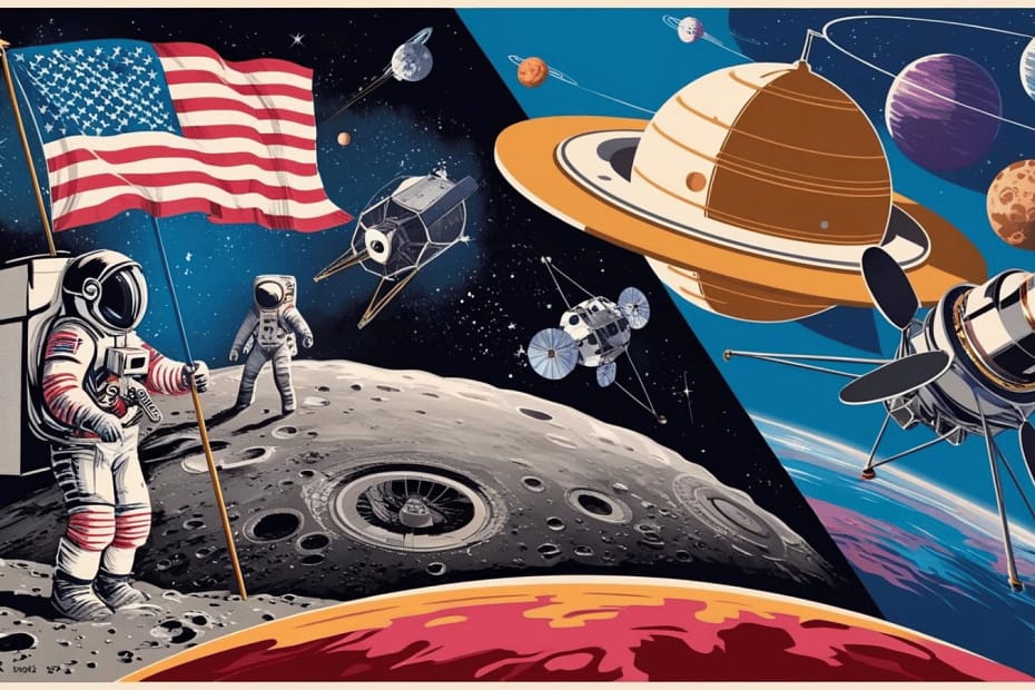 Uma grande Representação artística de missões espaciais famosas, mostrando a Apollo 11, o Sputnik e representações dos planetas Terra, Lua, Marte e Saturno. A imagem destaca marcos importantes da exploração espacial e os corpos celestes relacionados a essas missões.
