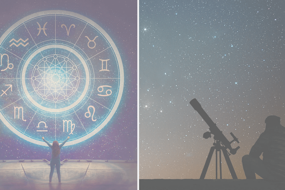 Ilustração comparando Astronomia e Astrologia: de um lado, um astrônomo observa o céu com um telescópio, cercado por gráficos científicos e representações de planetas; do outro, símbolos do zodíaco e cartas astrológicas destacam a abordagem mística da astrologia. A cena ilustra a diferença entre a ciência baseada em observação e cálculos, e a crença esotérica associada à interpretação dos astros.