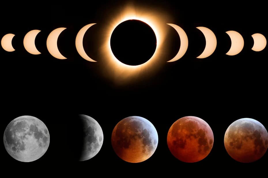 Montagem ilustrando a diferença entre os eclipses solares e lunares. À esquerda, o eclipse solar é representado com os três tipos: total, parcial e anular, mostrando a cobertura da Lua sobre o Sol em diferentes formas. À direita, o eclipse lunar é mostrado em suas três variações: total, parcial e penumbral, com a Terra projetando sua sombra na Lua de maneiras distintas. A imagem destaca como esses fenômenos celestes acontecem de forma diferente e como são visíveis de diversas partes do planeta.