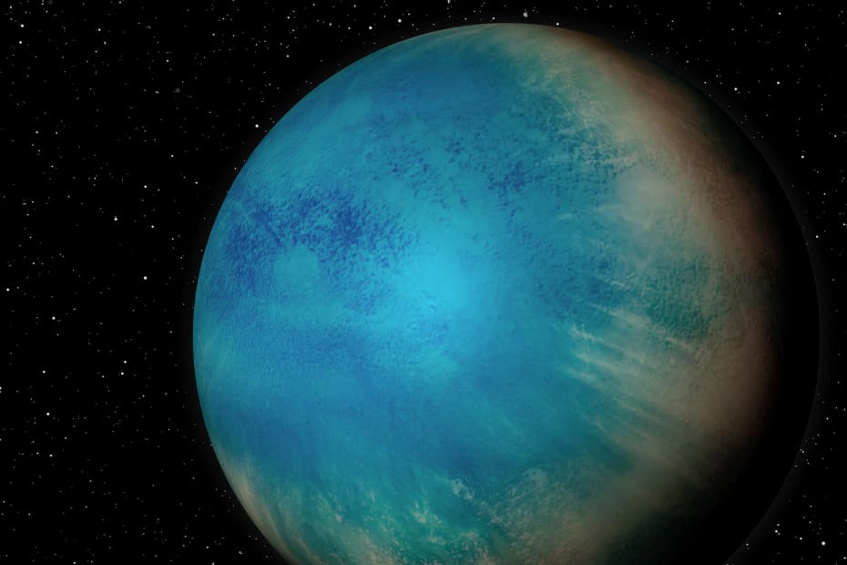 Representação artística de um exoplaneta azul e branco. Esse exoplaneta, com características semelhantes à Terra, pode estar localizado na zona habitável, oferecendo condições favoráveis à vida.