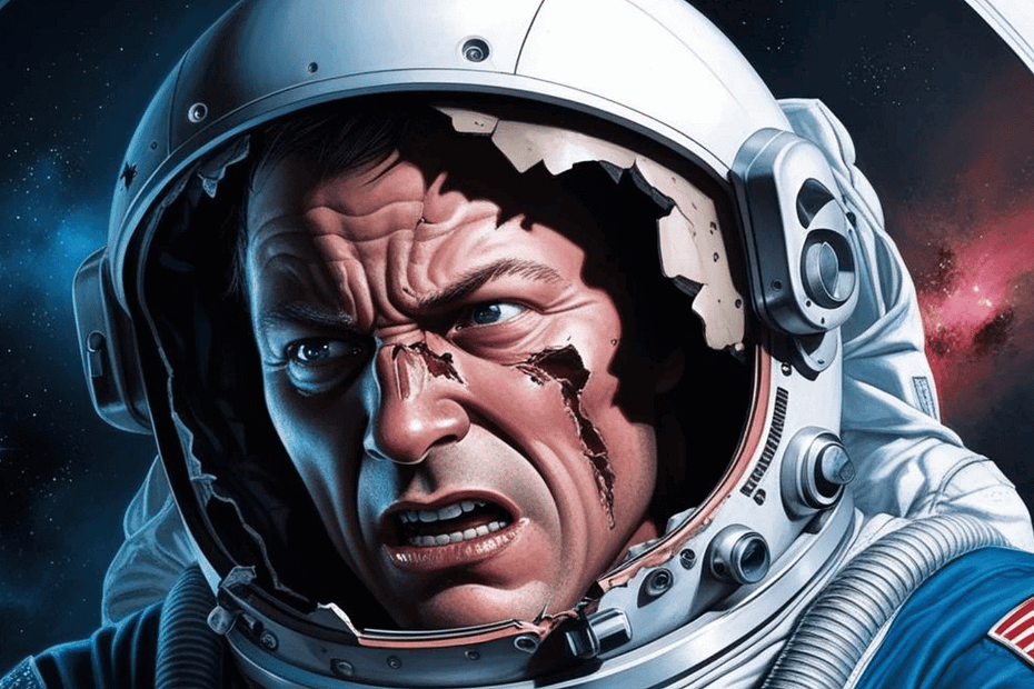 Ilustração de um astronauta com o capacete quebrado, destacando os perigos do espaço, como a exposição do ser humano a condições extremas no espaço sem proteção.
