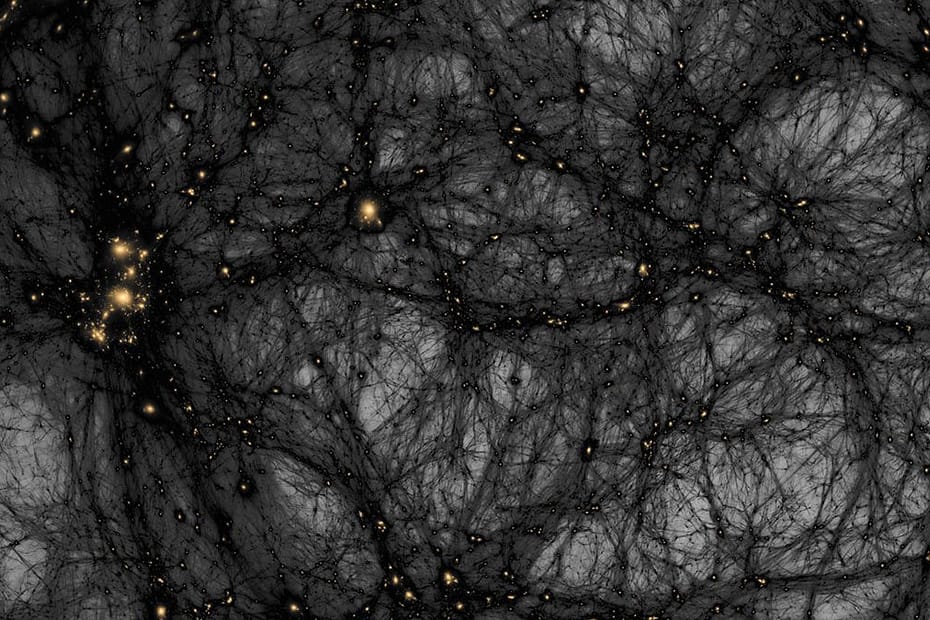 Representação gráfica da matéria escura como uma vasta teia cósmica, ilustrando sua presença invisível no universo. A matéria escura é uma substância misteriosa que compõe grande parte do universo, influenciando a estrutura galáctica e a formação de galáxias. A imagem mostra como a matéria escura interage com a matéria visível e a energia escura, essenciais para o entendimento da cosmologia.