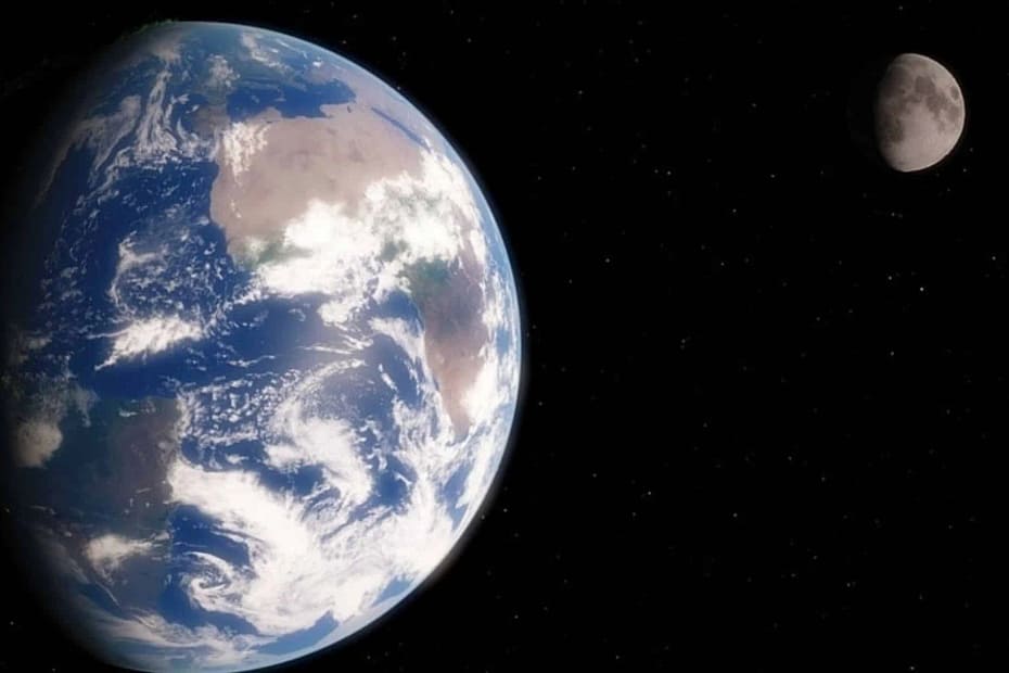 Vista impressionante da Terra com sua atmosfera azul brilhante, destacando parte do continente europeu. Ao fundo, a Lua aparece em tons de cinza, com suas crateras bem definidas. A imagem representa a conexão entre nosso planeta e seu satélite natural, ressaltando a vastidão do espaço.