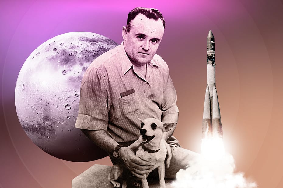ergei Korolev com o cão Laika, o primeiro animal a ser enviado ao espaço, junto a um foguete russo e a lua ao fundo, simbolizando a revolução espacial liderada pela União Soviética