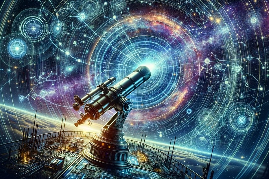 telescópio de última geração em um ambiente de alta tecnologia, exemplificando a interseção entre astronomia e inovação tecnológica. Equipamentos avançados como este são essenciais para a exploração espacial moderna, permitindo a captura de imagens detalhadas do cosmos e contribuindo para descobertas científicas significativas.