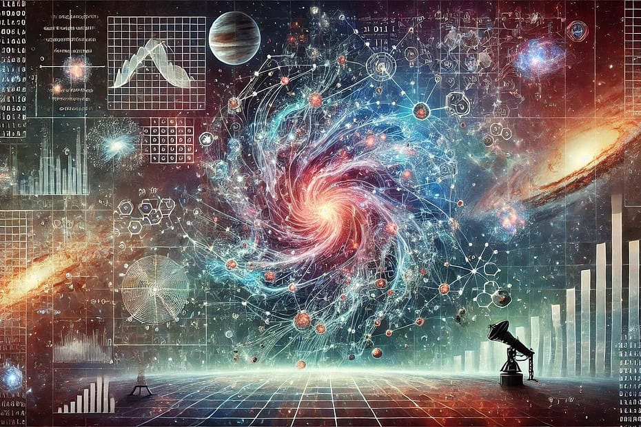 conexão entre astronomia, dados e tecnologia, destacando como inovações desenvolvidas pela exploração do universo impactam a vida na Terra. O gráfico visualiza a evolução de tecnologias como sensores, satélites e sistemas de comunicação, evidenciando o impacto da astronomia no avanço tecnológico cotidiano.