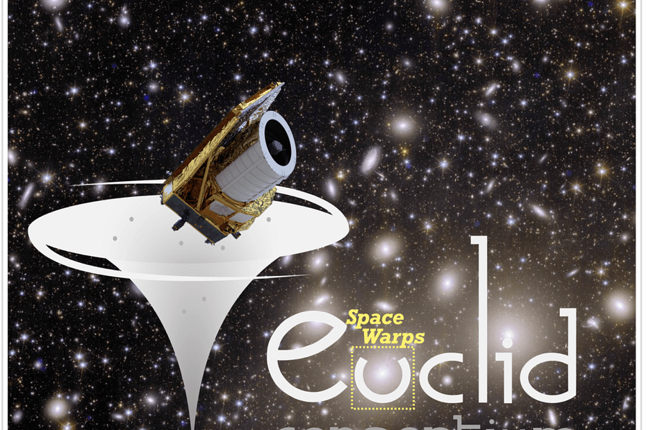 Ilustração do telescópio espacial Euclid, da ESA, posicionado acima de uma representação de distorção gravitacional no espaço, com um fundo repleto de galáxias. Na imagem, aparecem os logotipos da ESA, do projeto Space Warps, do consórcio Euclid e da plataforma Zooniverse.