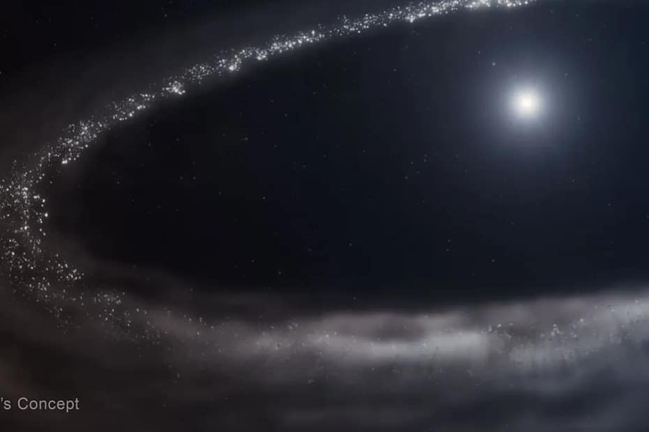 Ilustração da estrela semelhante ao Sol HD 181327 e seu disco de detritos ao redor. A estrela está no canto superior direito. Ela é cercada por um disco de detritos muito maior, que forma um caminho elíptico incompleto e é cortado à direita. Há uma enorme cavidade entre a estrela e o disco. O disco de detritos é mostrado em tons de cinza claro. Na parte superior e à esquerda, há pontos mais finos e distintos, em uma variedade de tamanhos. O disco parece mais nebuloso e esfumaçado na parte inferior. A estrela é branca brilhante no centro, com uma região azulada ao seu redor. O fundo do espaço é preto. A legenda 'Conceito Artístico' aparece no canto inferior esquerdo. James Webb Detecta Gelo de Água Cristalina