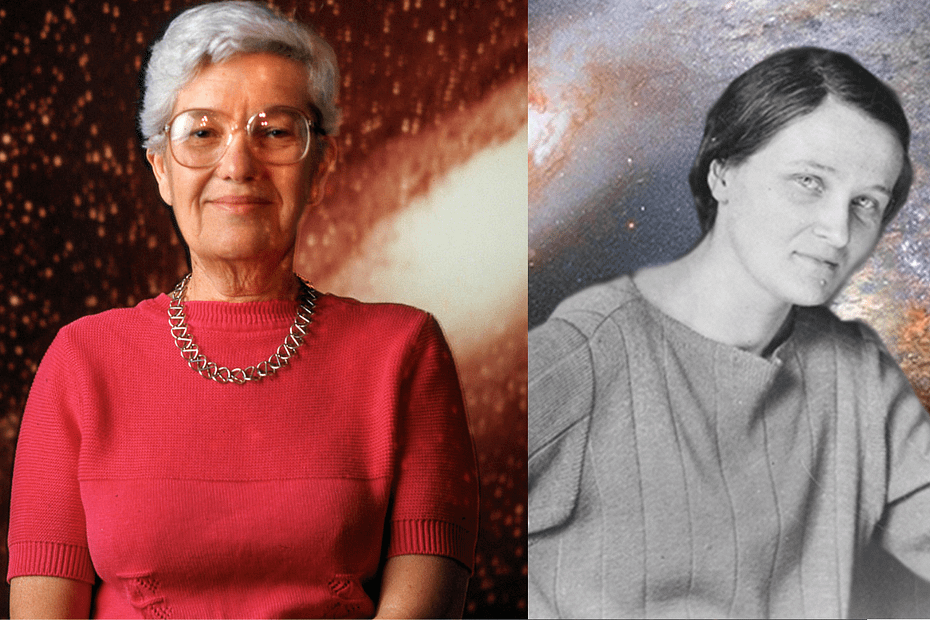 Montagem com Cecilia Payne-Gaposchkin à esquerda, em fotografia em preto e branco com fundo galáctico, e Vera Rubin à direita, em retrato colorido diante de uma imagem de fundo estrelado. Ambas são figuras pioneiras da astronomia.