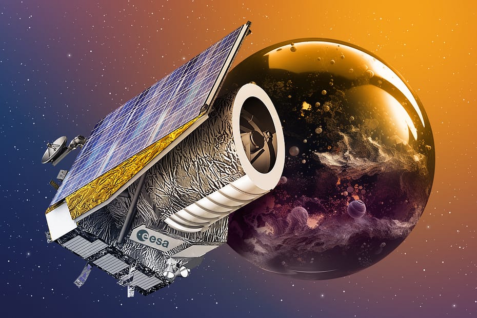 Ilustração Campos Profundos Observados pelo Euclid da ESA flutuando no espaço com seu painel solar em destaque, apontando para uma esfera cósmica vibrante que representa o universo escuro, repleta de nebulosas e exoplanetas ao fundo.