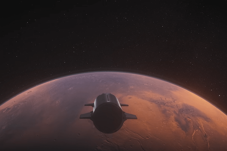 Representação artística do Starship da SpaceX entrando na atmosfera de Marte, com o planeta vermelho visível ao fundo. A nave está emitindo chamas devido ao atrito com a atmosfera, enquanto se prepara para uma aterrissagem controlada. O cenário mostra uma paisagem marciana desolada, com a luz do sol refletindo na superfície.