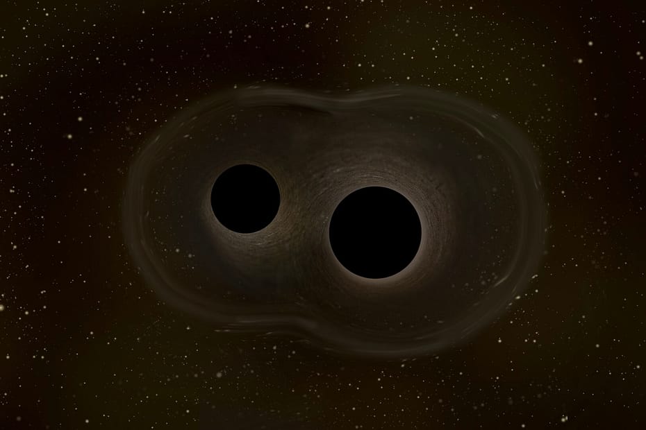 Ilustração artística de dois buracos negros colidindo, liberando ondas gravitacionais no espaço.