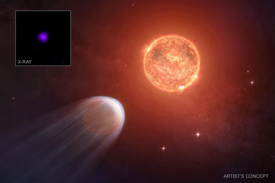 Esta imagem mostra uma ilustração artística de um planeta do tamanho de Júpiter orbitando de perto uma estrela vermelha tênue. No canto superior esquerdo, uma imagem em destaque exibe a estrela em raios X, observada pelo Chandra, sobreposta à ilustração