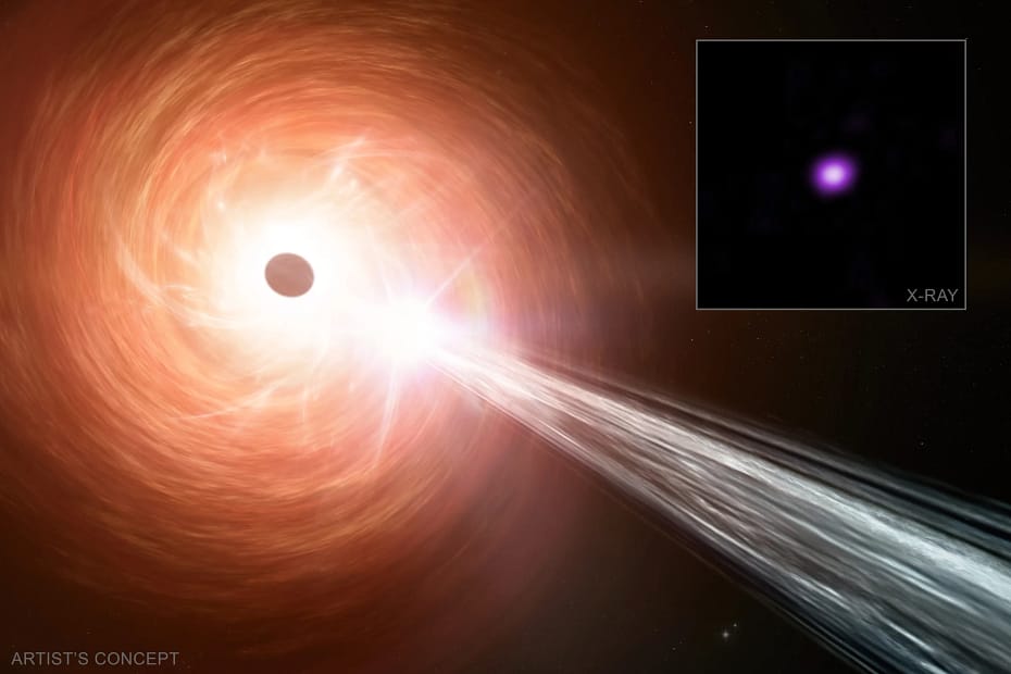 Conceito artístico de um buraco negro supermassivo, com um disco de material ao seu redor caindo em direção ao buraco negro e um jato contendo partículas se movendo para longe a quase a velocidade da luz. Este buraco negro representa um quasar recentemente descoberto, alimentado por um buraco negro. Novas observações do Chandra indicam que o buraco negro está crescendo a uma taxa que excede o limite usual para buracos negros, chamado de Limite de Eddington. Crédito: NASA/CXC/SAO/M. Weiss
