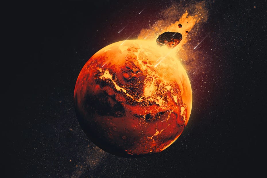 Cientistas acreditam que impactos gigantes — como o representado nesta ilustração artística — ocorreram em Marte há 4,5 bilhões de anos, injetando detritos do impacto profundamente no manto do planeta. A sonda InSight, da NASA, detectou esses detritos antes do fim da missão em 2022.