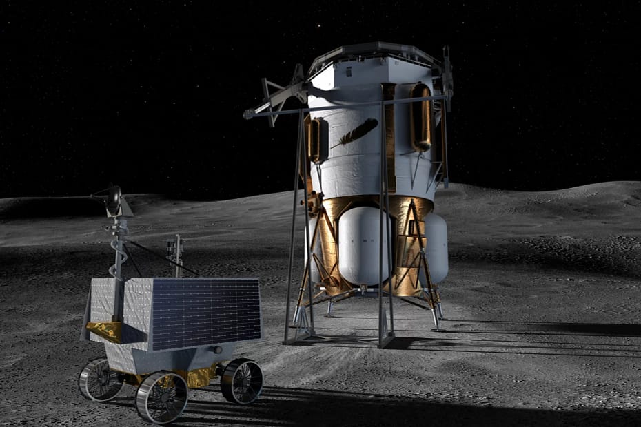 Concepção artística mostra o módulo de pouso Blue Moon Mark 1, da Blue Origin, e o rover VIPER (Volatiles Investigating Polar Exploration Rover), da NASA, na superfície lunar. Crédito: Blue Origin