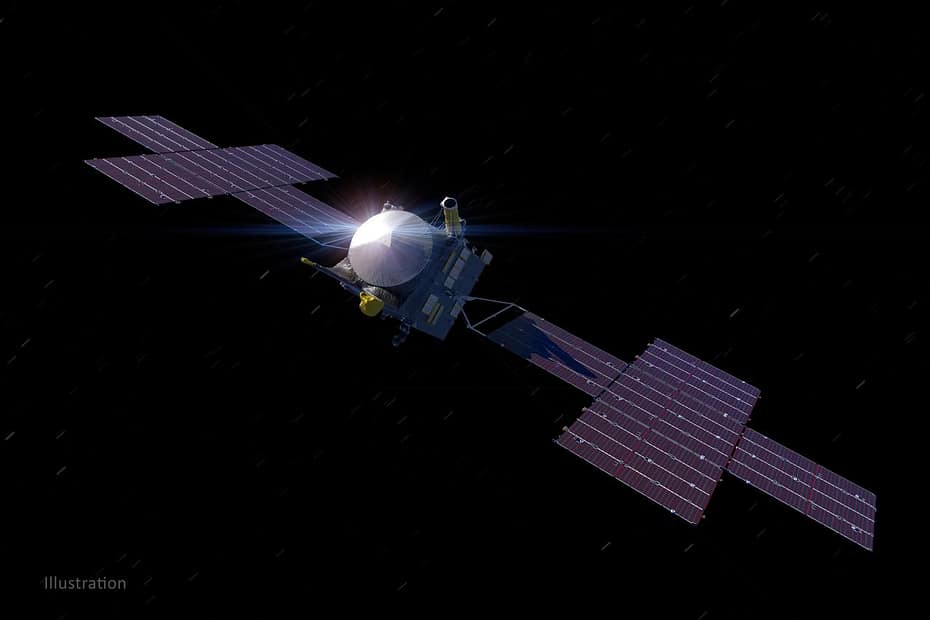 Esta ilustração, atualizada em março de 2021, mostra a espaçonave Psyche da NASA. Prevista para ser lançada em agosto de 2022, a missão Psyche explorará um asteroide rico em metais que leva o mesmo nome e que se encontra no cinturão principal de asteroides, entre Marte e Júpiter. A espaçonave deve chegar no início de 2026 e orbitar o asteroide por quase dois anos para investigar sua composição credito nasa