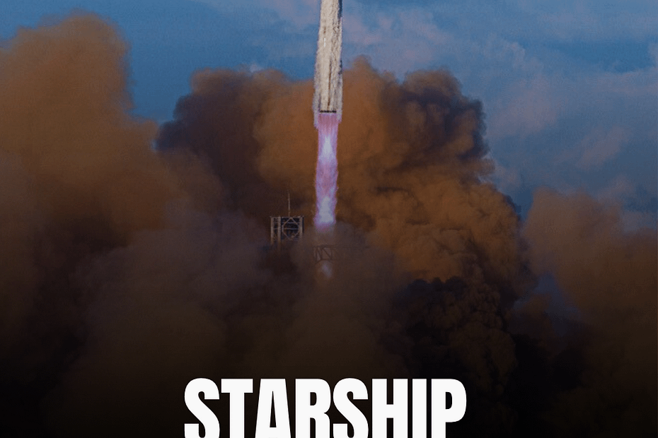 Foguete Starship da SpaceX decolando da base no Texas durante o 11º voo de teste, marcando a aposentadoria da versão V2 e preparando a Starship V3 para futuras missões espaciais.”