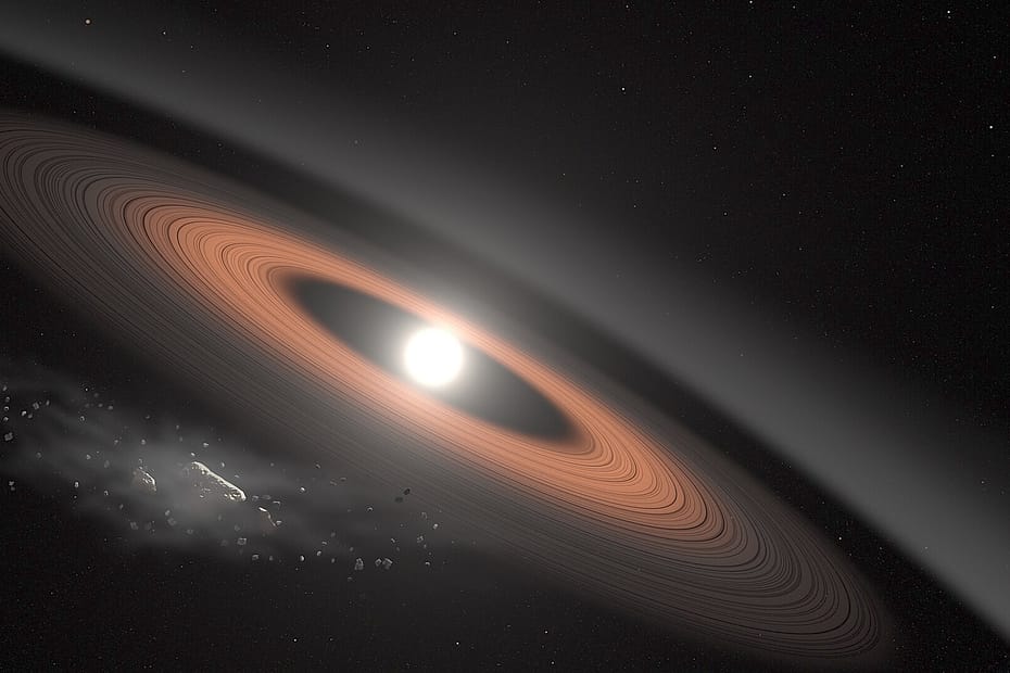 Ilustração artística da anã branca LSPM J0207+3331, um remanescente estelar do tamanho da Terra, cercada por múltiplos anéis de poeira e detritos — possivelmente os restos de antigos asteroides despedaçados por sua intensa gravidade. Créditos: NASA / Goddard Space Flight Center / Conceptual Image Labeta