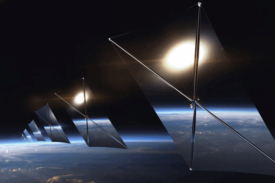 Conjunto de espelhos orbitais quadrados flutuando no espaço, refletindo a luz do Sol em direção à Terra, com o planeta parcialmente iluminado ao fundo e o brilho dourado do reflexo se espalhando pela atmosfera.