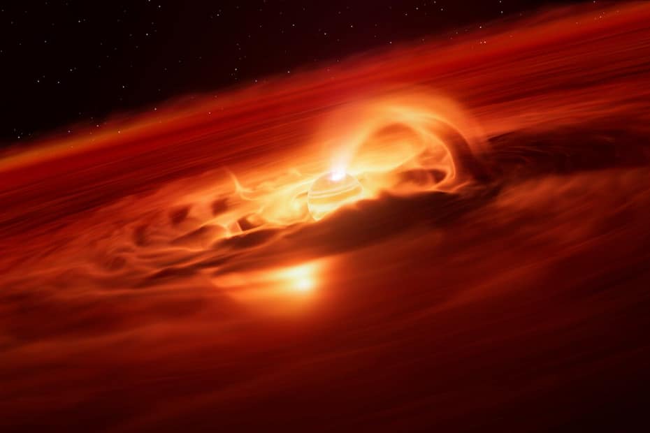 Esta ilustração artística mostra Cha 1107-7626, um planeta errante localizado a cerca de 620 anos-luz de distância. Ele possui entre 5 e 10 vezes a massa de Júpiter e não orbita nenhuma estrela. O planeta está absorvendo material de um disco ao seu redor e, usando o Very Large Telescope (VLT) do ESO, astrônomos descobriram que ele faz isso a uma taxa de seis bilhões de toneladas por segundo — a mais rápida já registrada para qualquer tipo de planeta. A equipe suspeita que campos magnéticos intensos estejam canalizando o material em direção ao planeta, um fenômeno até então observado apenas em estrelas. Quando esse material em queda atinge a superfície, ele aquece intensamente a região, criando uma mancha brilhante. O espectrógrafo X-shooter do VLT detectou um aumento de brilho em meados de 2025, revelando uma assinatura clara de que isso foi causado pelo gás em queda. As observações mostram que o planeta está agora acumulando matéria cerca de oito vezes mais rápido do que alguns meses antes.