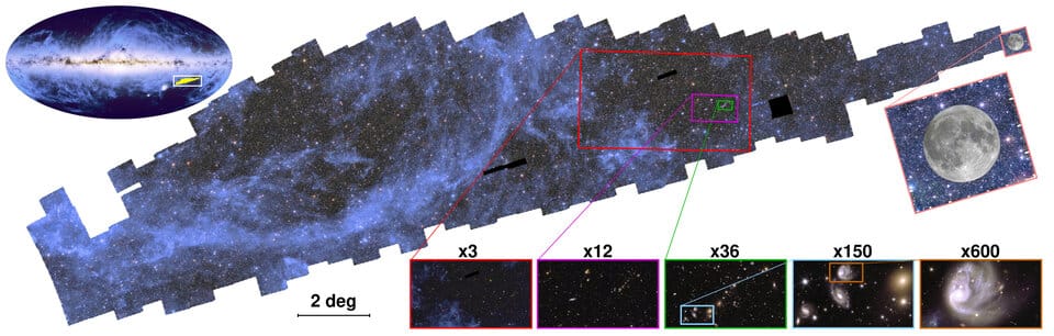 Mosaico cósmico capturado pelo Telescópio Espacial Euclid, mostrando milhares de galáxias em diferentes distâncias e formatos, parte do maior mapa 3D do universo já planejado.