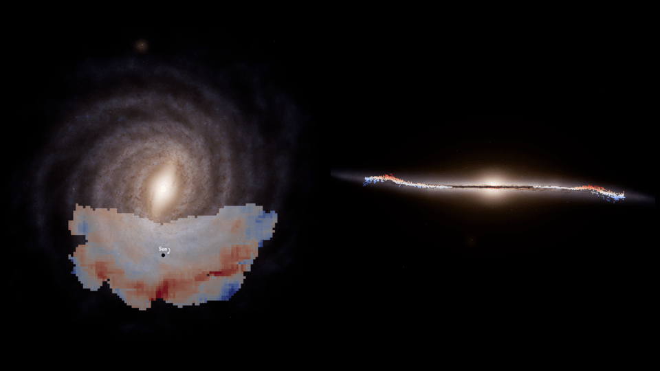 Descrição da imagem: Esta imagem é dividida em duas partes.
Lado esquerdo: mostra uma visão de cima de uma galáxia espiral, com um bojo central brilhante e vários braços espirais se estendendo para fora. Sobre a parte inferior da galáxia há uma visualização de dados com cores que variam do azul ao vermelho. Um rótulo com a palavra “Sol” marca uma localização específica dentro dessa sobreposição.
Lado direito: apresenta uma visão lateral da mesma galáxia espiral, revelando o disco fino e o bojo central vistos de perfil. Pontos coloridos estão espalhados ao longo do disco, representando os mesmos dados exibidos na sobreposição do lado esquerdo.