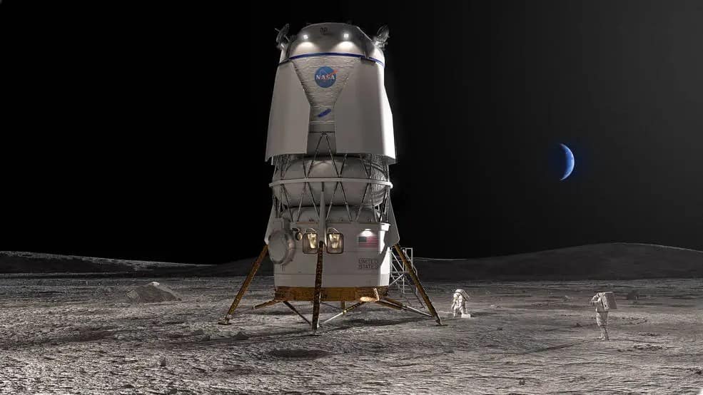 Conceito artístico do módulo de pouso lunar Blue Moon, pousado na superfície da Lua no contexto da missão Artemis. O módulo tem design robusto com pernas largas de pouso e painéis visíveis. Ao fundo, a Terra aparece brilhando no céu escuro lunar.