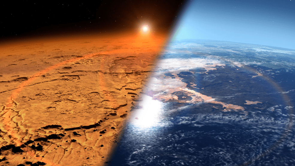 lustração mostrando a superfície de Marte à esquerda e a Terra à direita, destacando a diferença entre as atmosferas dos dois planetas, em referência ao processo de escape atmosférico conhecido como sputtering em Marte.