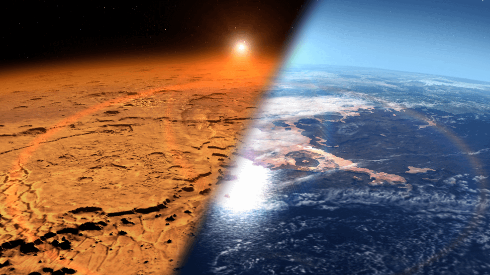 lustração mostrando a superfície de Marte à esquerda e a Terra à direita, destacando a diferença entre as atmosferas dos dois planetas, em referência ao processo de escape atmosférico conhecido como sputtering em Marte.