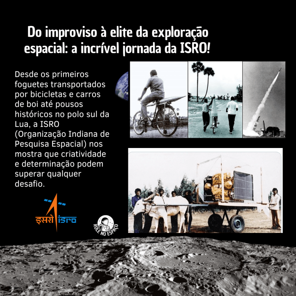 Imagens históricas da ISRO mostrando os primeiros dias de lançamentos espaciais na Índia. Satélites e foguetes sendo transportados em carros de bois e bicicletas, refletindo as dificuldades iniciais e o pioneirismo da organização. As fotos capturam a simplicidade e a inovação dos primeiros passos da ISRO em sua jornada espacial.