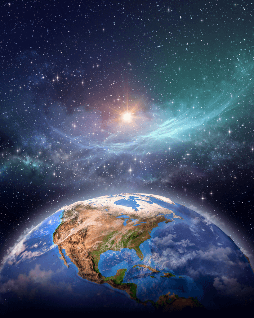 Na lista de planetas do sistema solar o planeta Terra, com destaque para os continentes e oceanos, enquanto ao fundo a luz do Sol ilumina parcialmente o planeta, criando um efeito de brilho ao redor da curva da