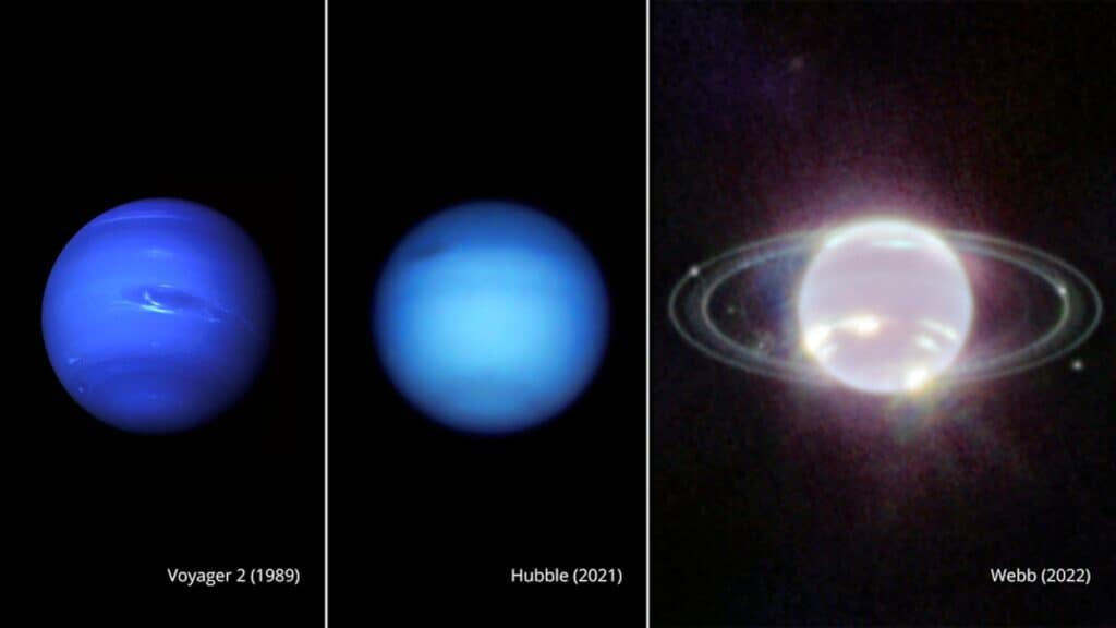 rês quadros, cada um exibindo uma foto capturada por diferentes telescópios espaciais. O primeiro quadro mostra uma imagem de Netuno da sonda Voyager 2, o segundo apresenta uma imagem detalhada do universo pelo Telescópio Hubble, e o terceiro quadro revela uma imagem impressionante de uma nebulosa ou galáxia capturada pelo Telescópio Espacial James Webb, destacando as diferentes capacidades de cada missão em explorar o cosmos.