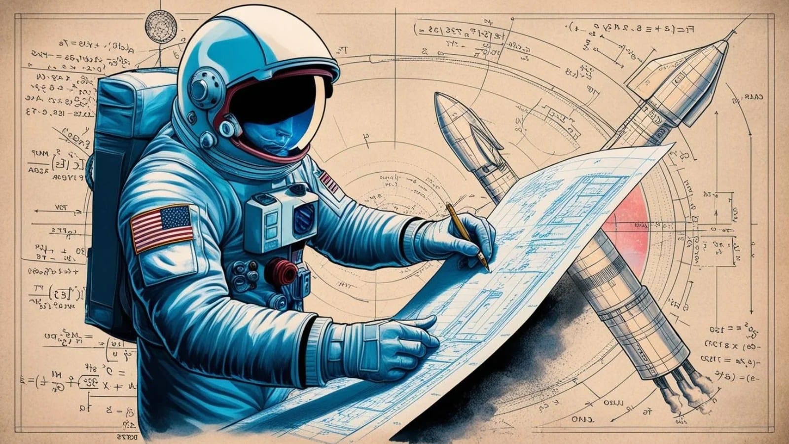 Ilustração artística de um astronauta olhando um projeto (blueprint) relacionado à astronáutica, com cálculos de física e esboços de foguetes ao fundo. A imagem simboliza o planejamento e desenvolvimento de missões espaciais, destacando o papel fundamental da engenharia e da física no avanço da exploração espacial e  dia-a-dia de Quem trabalha no espaço