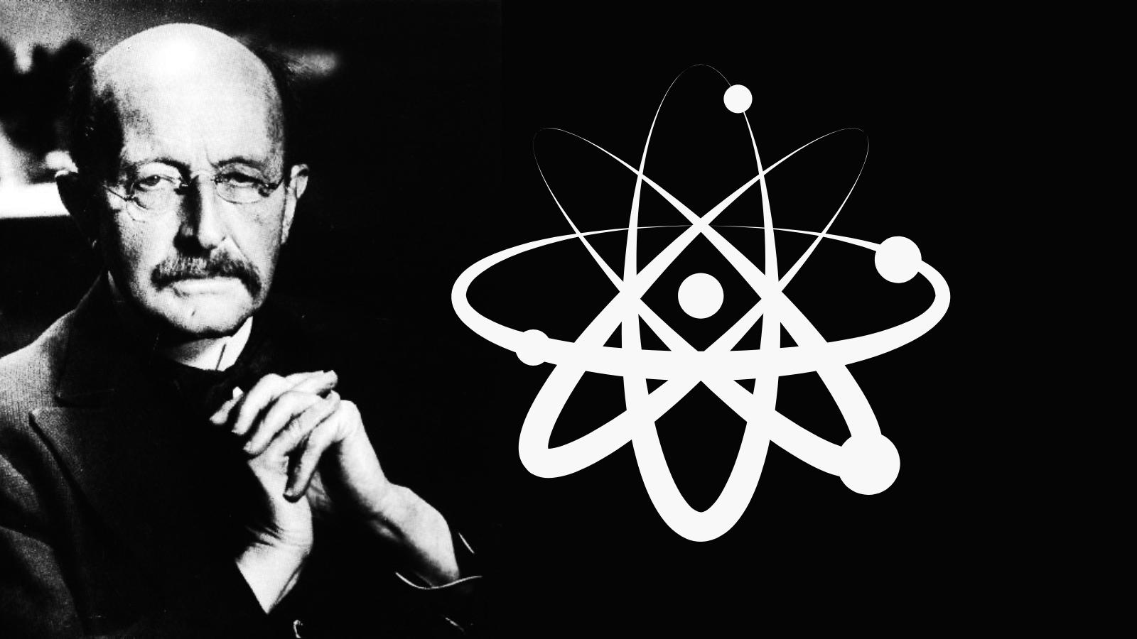 Max Planck à esquerda, com as mãos cruzadas na altura do queixo, usando óculos e com um olhar sério. À direita, um símbolo branco que representa a física quântica, transmitindo a ideia da conexão entre o físico e seus estudos