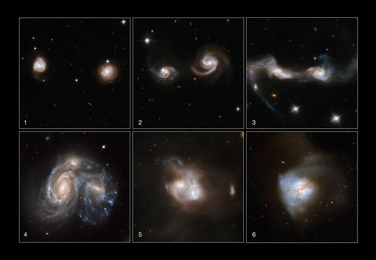 Representação gráfica de um fenômeno cósmico, mostrando a colisão iminente entre as galáxias Via Láctea e Andrômeda, um evento astronômico de enorme escala que transformará o universo como o conhecemos.