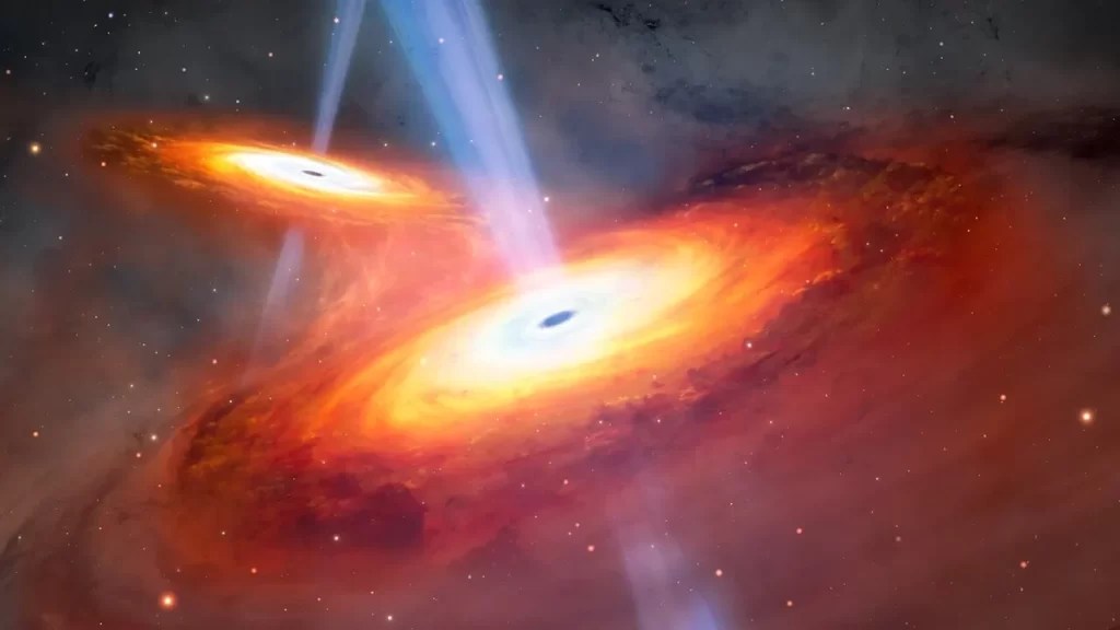 Representação artística de dois quasares na astronomia, cada um emitindo enormes quantidades de luz e radiação de seus núcleos brilhantes, ilustrando a imensa energia gerada por esses fenômenos cósmicos distantes.