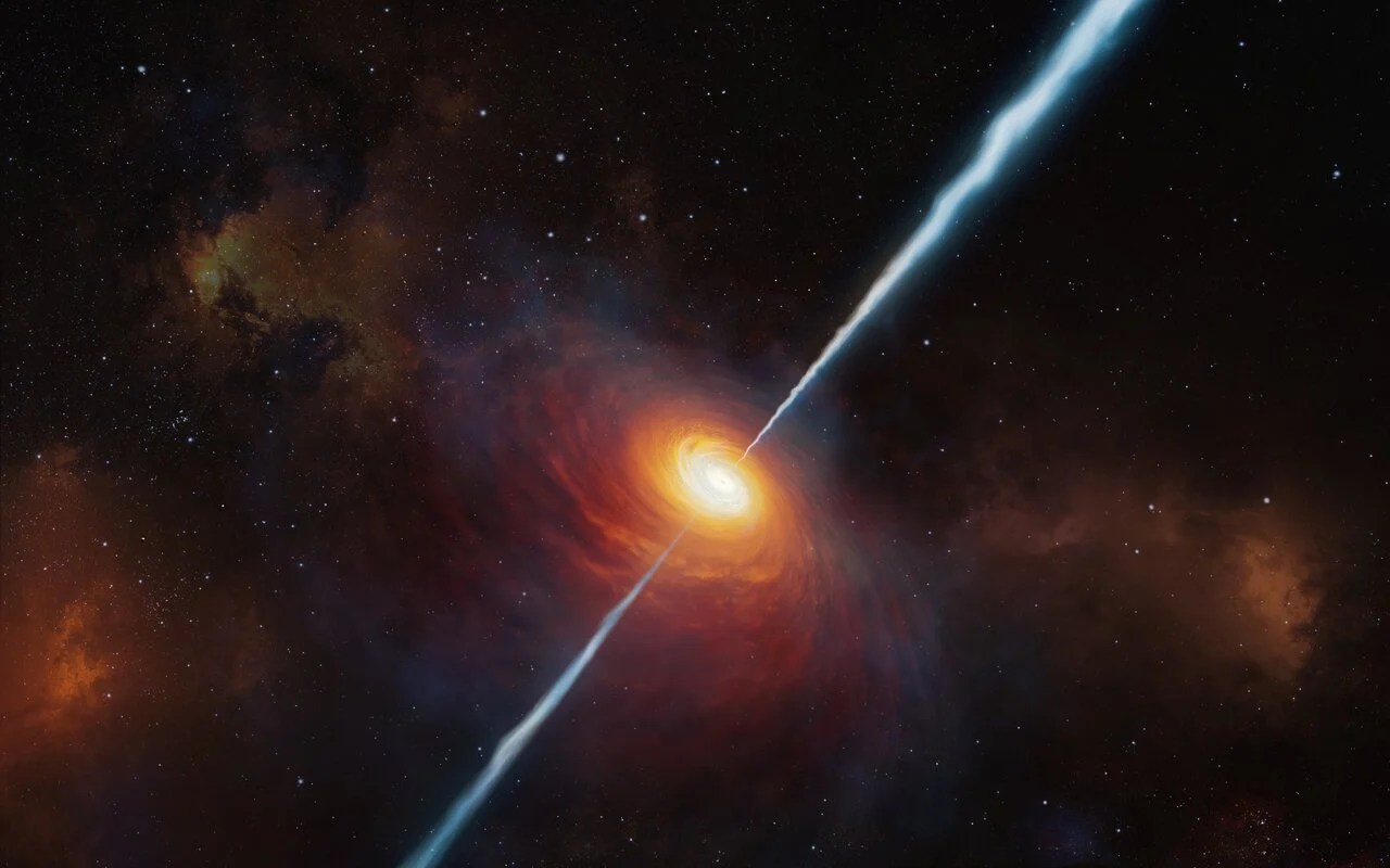 Representação artística de um quasar na astronomia, visto de longe, emitindo intensa luz e radiação de seu núcleo brilhante, um fenômeno cósmico de grande escala que libera enormes quantidades de energia no espaço
